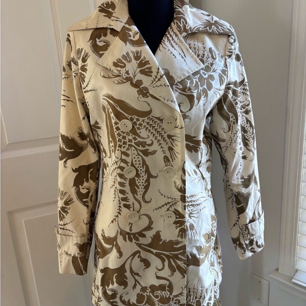 CAbi Wimbledon Cream and Brown Patterned Trench Coat